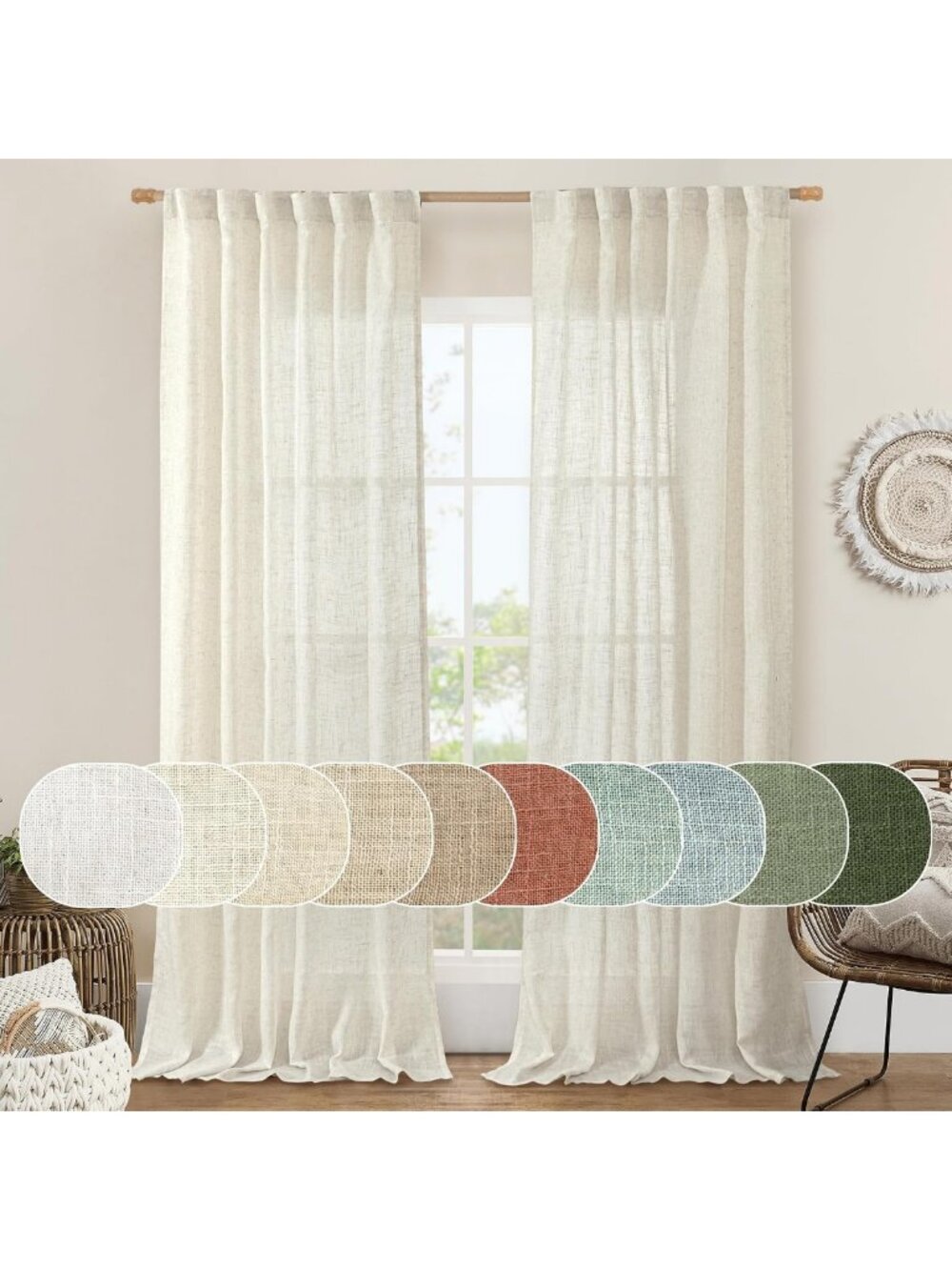 Elegant Semi-Sheer Linen Curtains 96" Length - 2 Panel Set in Cream Ivory